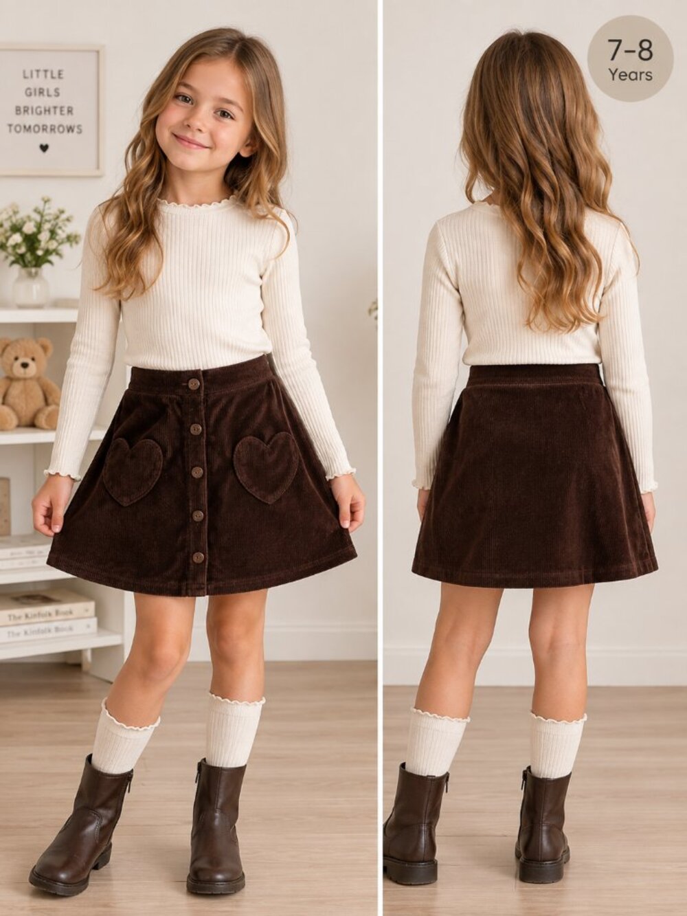 Shosho Girls Brown Corduroy A Line Skirt Heart Pockets Button Front Size 7/8